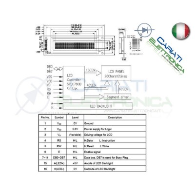 Display Lcd Character Lcm BLU 20x2 2002 Caratteri Comp. HD44780