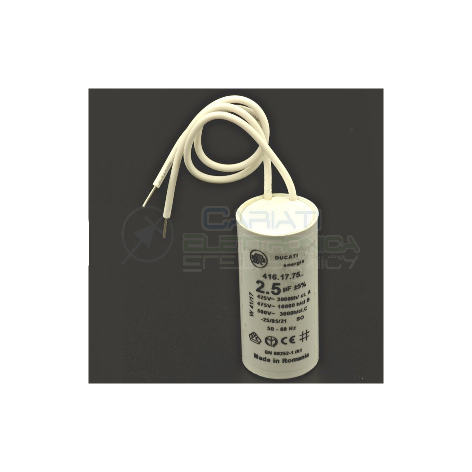 Condensatore per avvio motore 2,5uF 2500nF 475Vac 25x55 5% terminale a filoDucati Energia