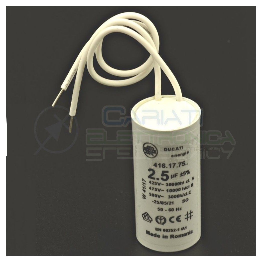 Condensatore per avvio motore 2,5uF 2500nF 475Vac 25x55 5% terminale a filoDucati Energia