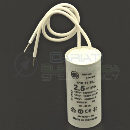 Condensatore per avvio motore 2,5uF 2500nF 475Vac 25x55 5% terminale a filoDucati Energia
