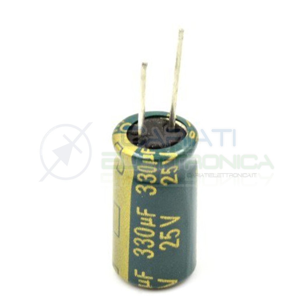 10 PEZZI Condensatore elettrolitico YAGEO 330uF 330 uF 25V 105°C 8x15mm PASSO 3,5mm