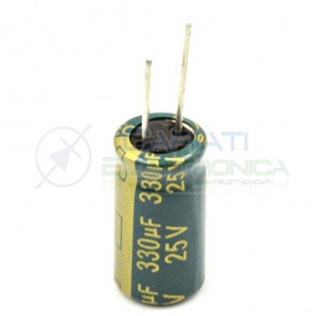 10 PEZZI Condensatore elettrolitico YAGEO 330uF 330 uF 25V 105°C 8x15mm PASSO 3,5mm