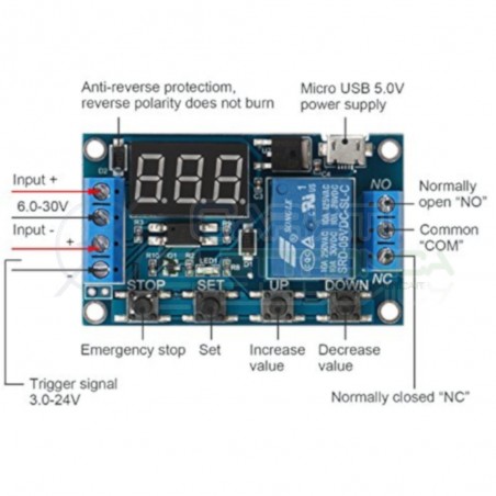MODULO SCHEDA TEMPORIZZATORE TIMER 5V 12V 24V CON 1 RELE' RELAY E PIù FUNZIONI