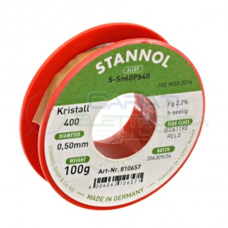 100g Stagno STANNOL D. 0.5mm 60/40 flux 2,2% Sn 60 Pb 40 60-40 Bobina rotolo Stannol