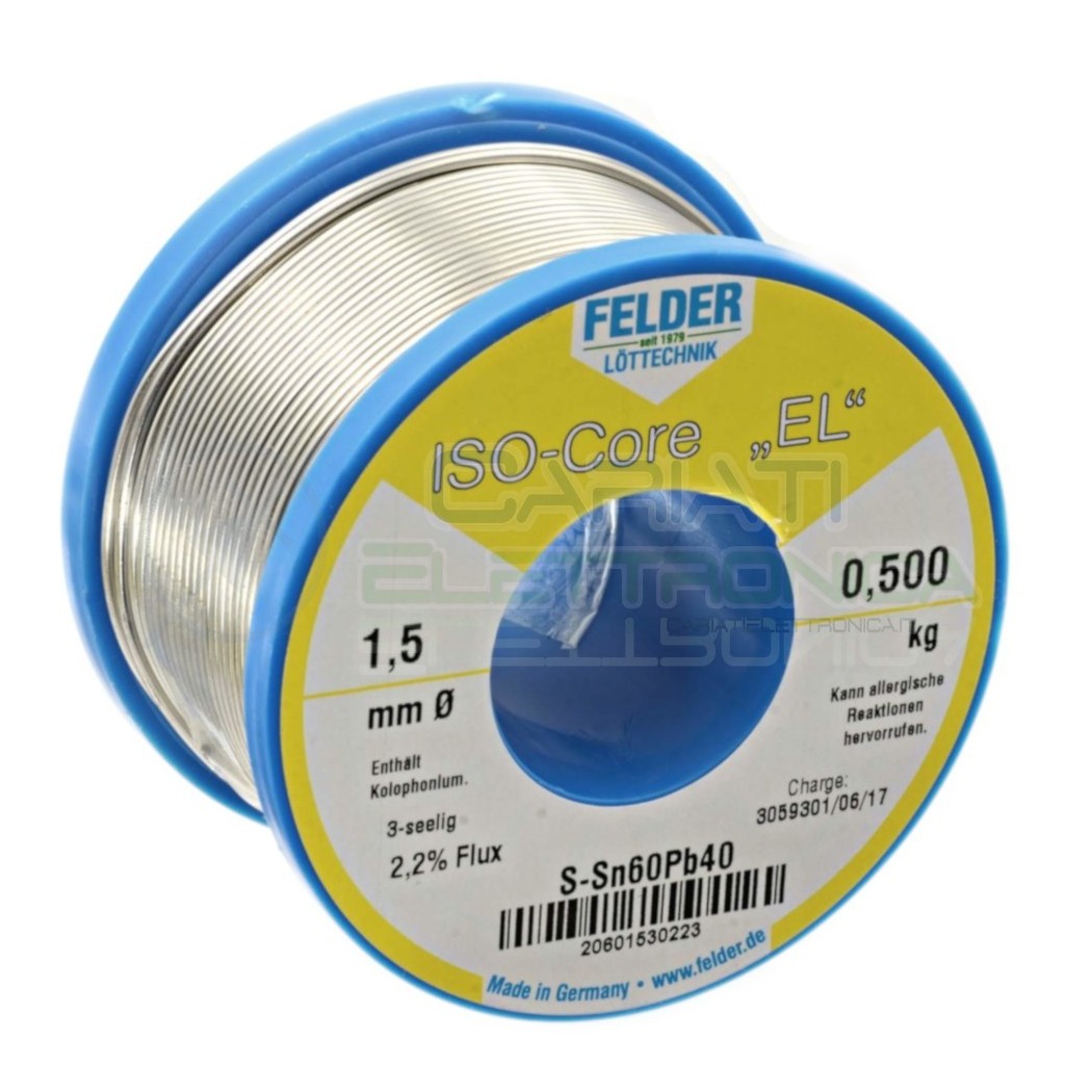 500g Stagno saldatura Felder 1,5mm 60 - 40 flux 2.2% Bobina Rotolo 0.5 kg Felder