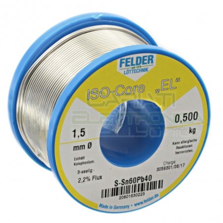 500g Stagno saldatura Felder 1,5mm 60 - 40 flux 2.2% Bobina Rotolo 0.5 kg Felder