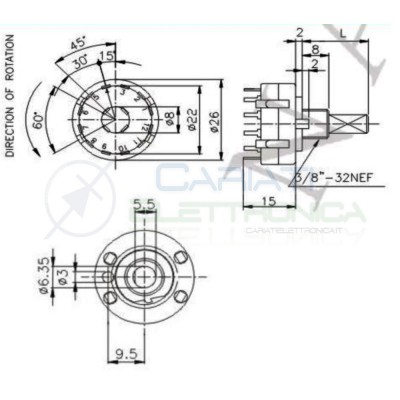 Selettore rotativo 2 vie 6 posizioni Commutatore con Albero 29mmTaiwan alpha electronic