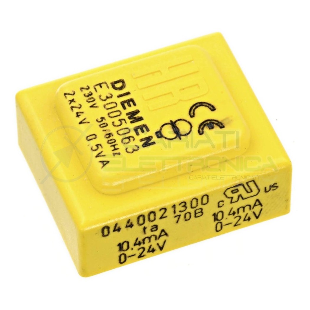 Trasformatore alimentatore incapsulato doppia uscita 2x 24V ac 0,5VA Ingresso 230V Ac