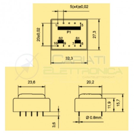 Trasformatore alimentatore incapsulato doppia uscita 2x 24V ac 0,5VA Ingresso 230V Ac