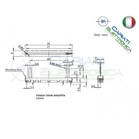 Potenziometro slider stereo a slitta lineare 75mm 10kohm 10k B103 Mixer Audio