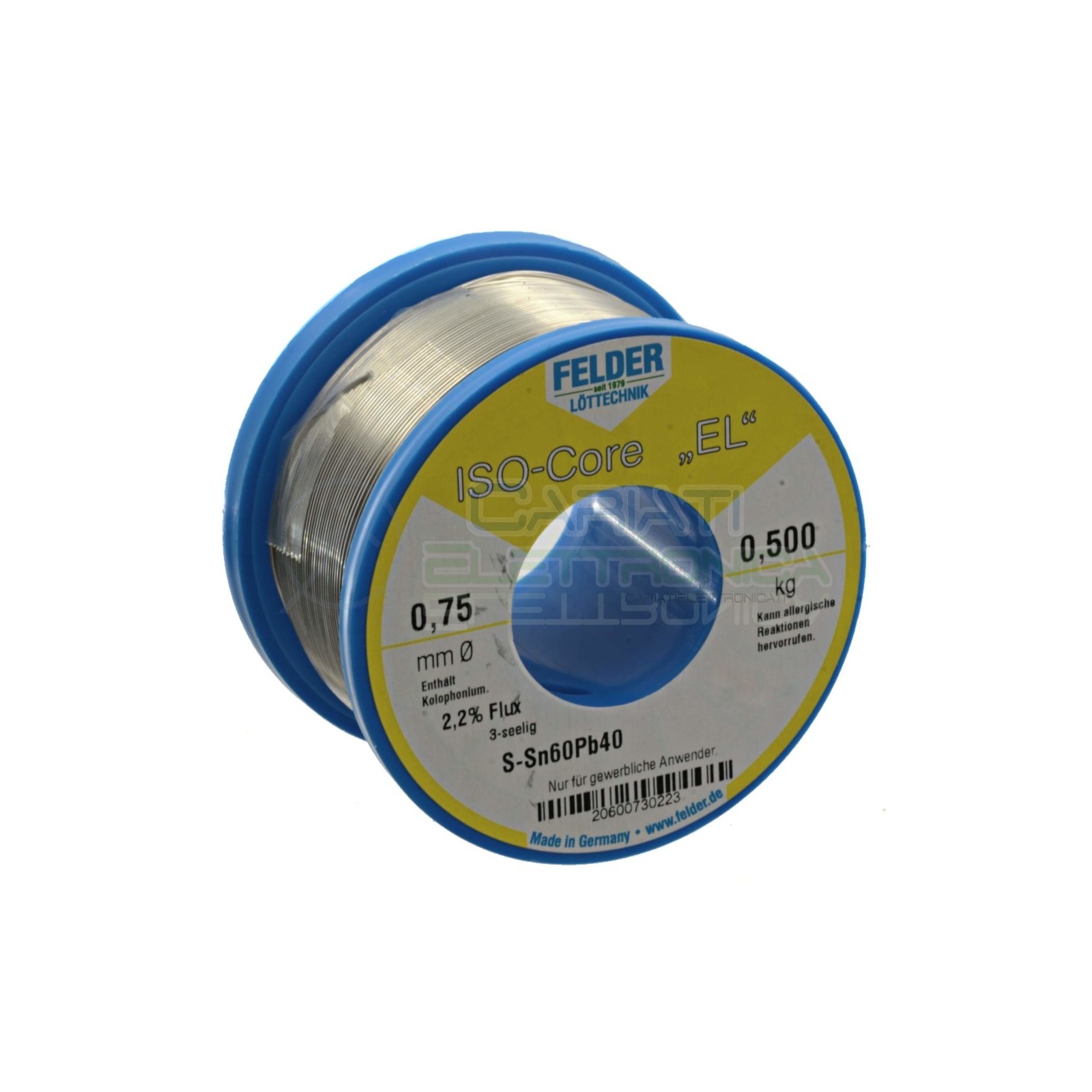 500g Stagno Saldatura Felder 0,75 mm 60 - 40 flux 2.2% Bobina rotolo 0,5 kg Felder