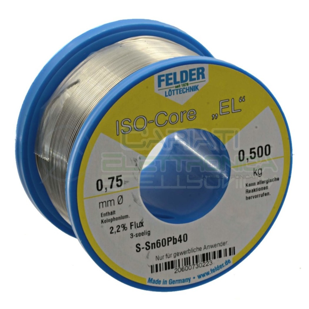 STAGNO FELDER 500gr Diamentro 0.75mm Sn 60 Pb 40 60-40 flux 2.2% 60/40 BOBINA ROTOLOFelder
