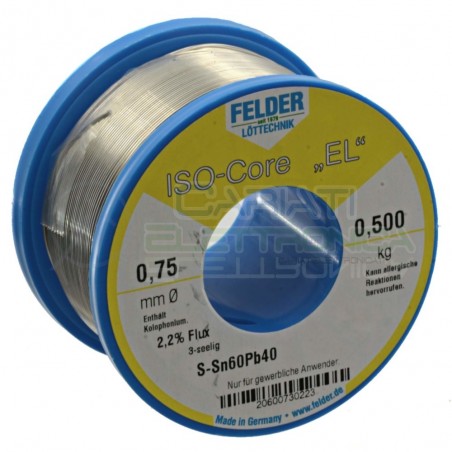 500g Stagno Saldatura Felder 0,75 mm 60 - 40 flux 2.2% Bobina rotolo 0,5 kg Felder