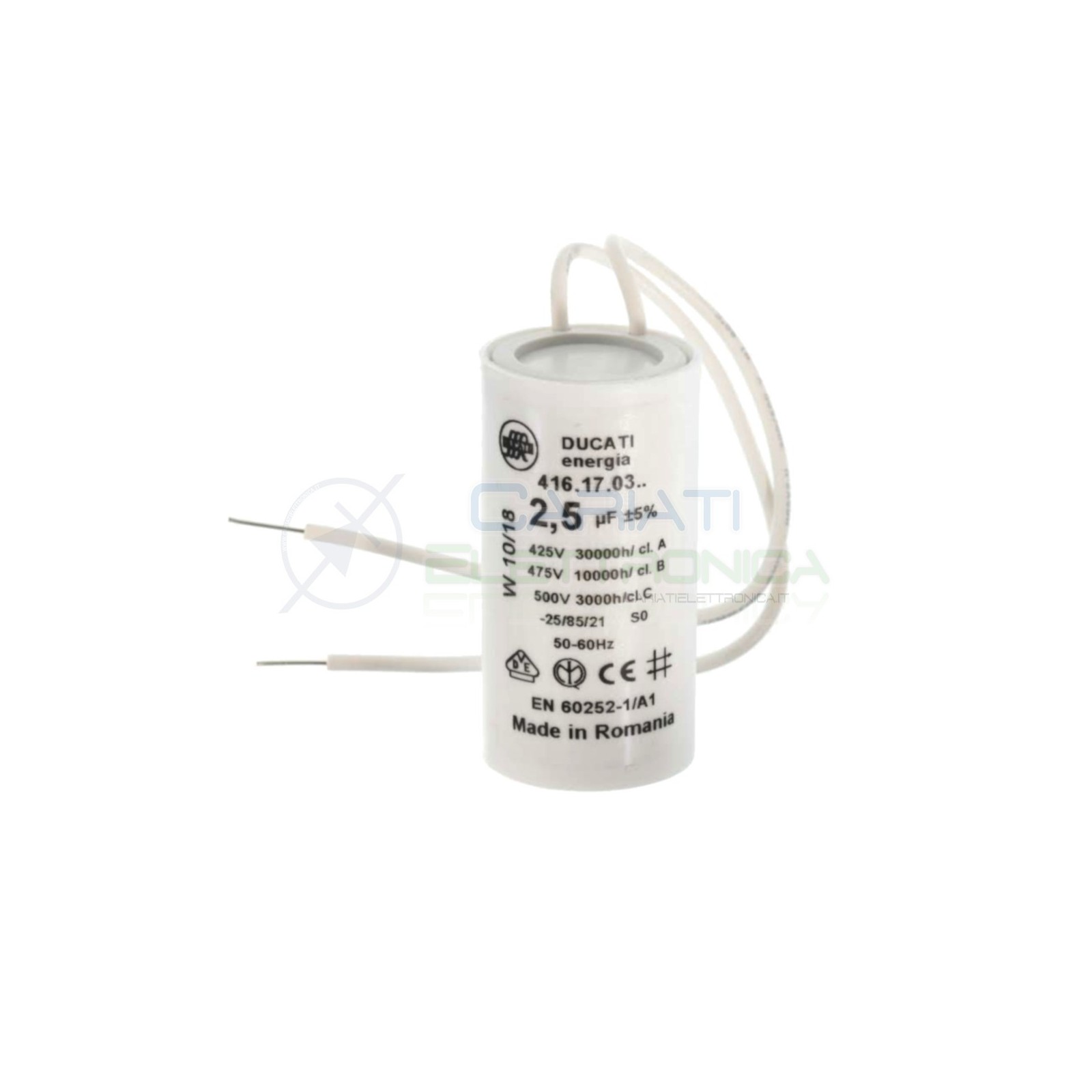 Condensatore per avvio motore 2,5uF 2500nF 475Vac 28x55 5% terminale a filoDucati Energia