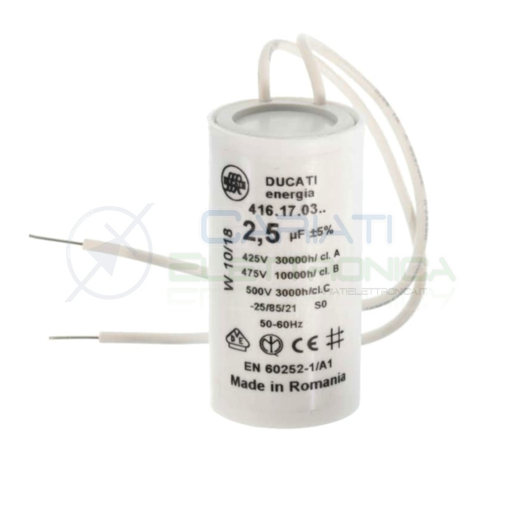 Condensatore per avvio motore 2,5uF 2500nF 475Vac 28x55 5% terminale a filoDucati Energia