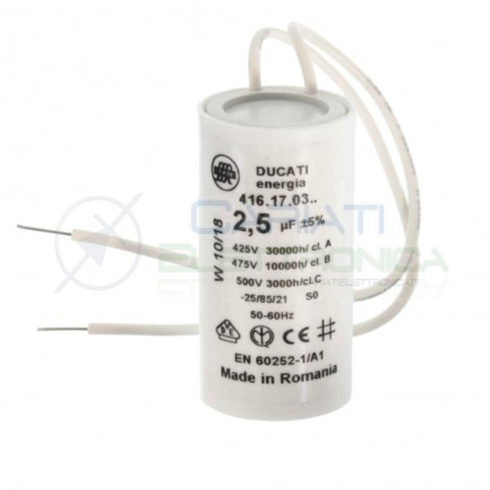 Condensatore per avvio motore 2,5uF 2500nF 475Vac 28x55 5% terminale a filoDucati Energia