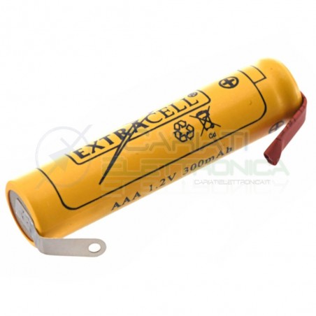 BATTERIA RICARICABILE NI-CD 1,2V 300mAh AAA MINISTILO con terminali a saldare Extracell