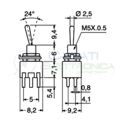 Interruttore Deviatore a Leva ON - ON 3A 125V 6 Pin DP3T da Circuito Stampato