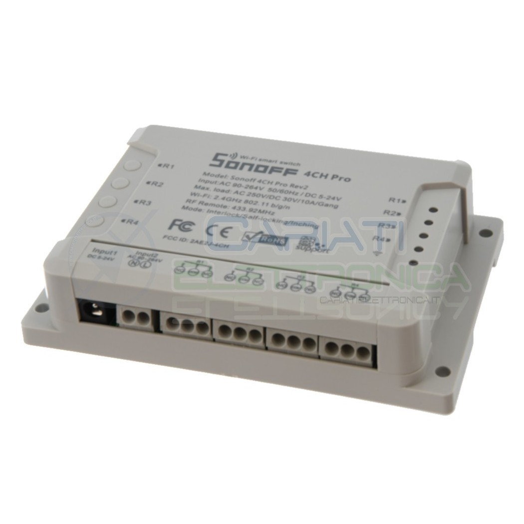 CENTRALINA RELè WIFI INTERNET INTERRUTTORE PULSANTE A 4 CANALI 5V 12V 24V 220V 10A Sonoff 4CH Pro