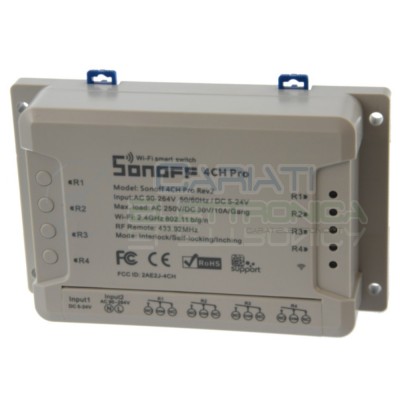 CENTRALINA RELè WIFI INTERNET INTERRUTTORE PULSANTE A 4 CANALI 5V 12V 24V 220V 10A Sonoff 4CH Pro