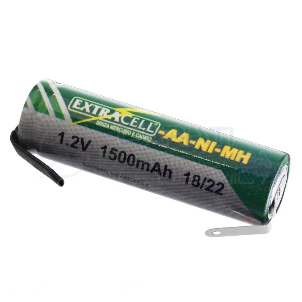 Batteria 1,2V AA Stilo 1500mAh Ricaricabile NiMh 1,2 Volt con terminali a saldare Extracell