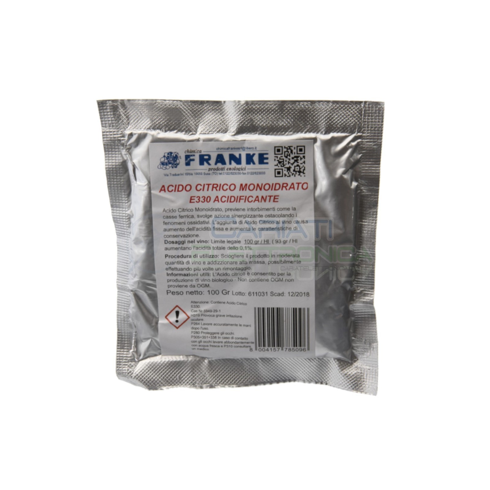 ACIDO CITRICO MONOIDRATO E330 ACIDIFICANTE 100gr FRANKE uso Enologico Vino