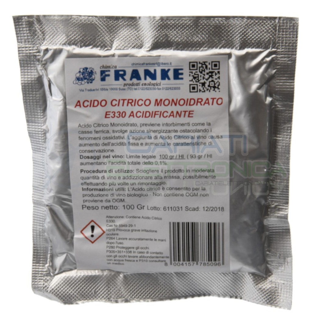 ACIDO CITRICO MONOIDRATO E330 ACIDIFICANTE 100gr FRANKE uso Enologico Vino