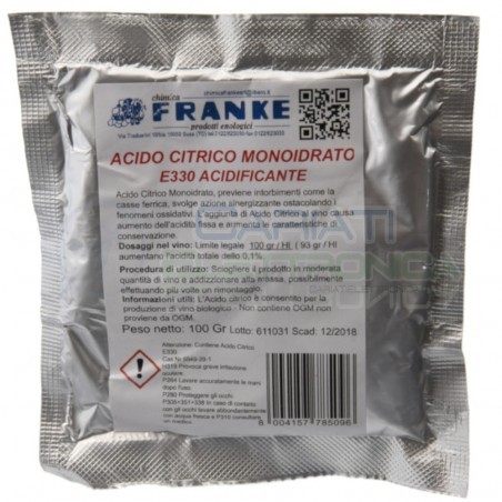 ACIDO CITRICO MONOIDRATO E330 ACIDIFICANTE 100gr FRANKE uso Enologico Vino