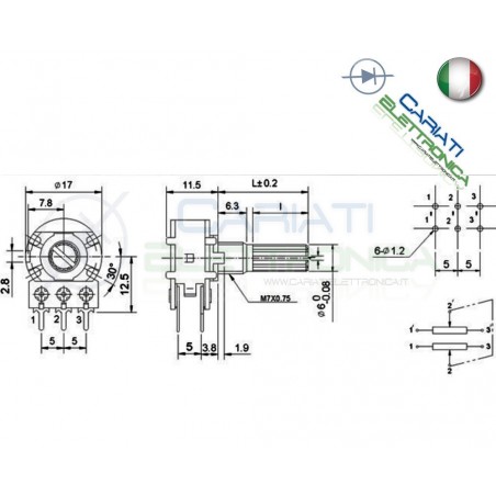 POTENZIOMETRO STEREO LOGARITMICO 22Kohm 22 Kohm A22K PERNO 15mm Monogiro