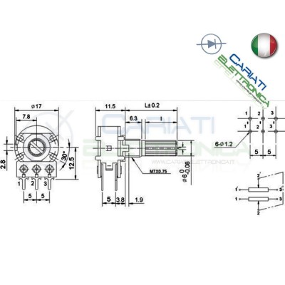 POTENZIOMETRO STEREO LINEARE 22Kohm 22 Kohm B22K PERNO 15mm Monogiro