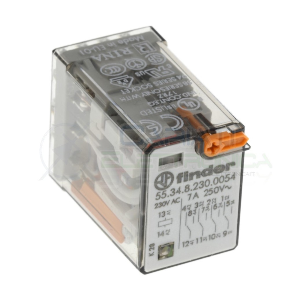 Relè Finder serie 55 7A 4PDT Bobina 230V ac 55.34.8.230.0054 14 pin Finder