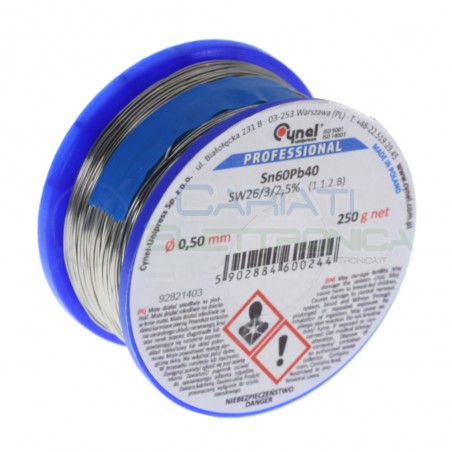 50gr BOBINA ROTOLO STAGNO 0.5mm Sn 63 Pb 37 Flux 1.2Cynel