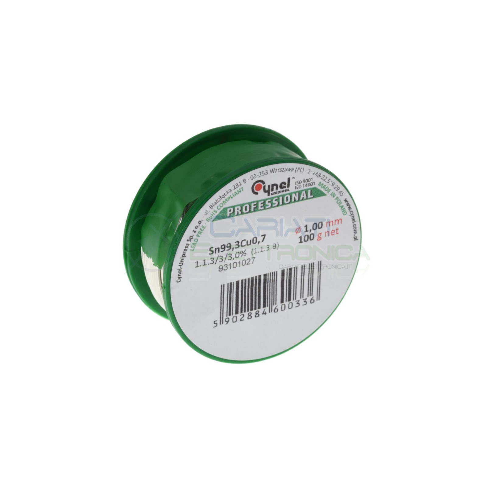 100g Stagno 1mm Diametro flux 3% Sn 99,3 Cu 0.7 99,3-0,7 lead free Bobina rotolo Cynel