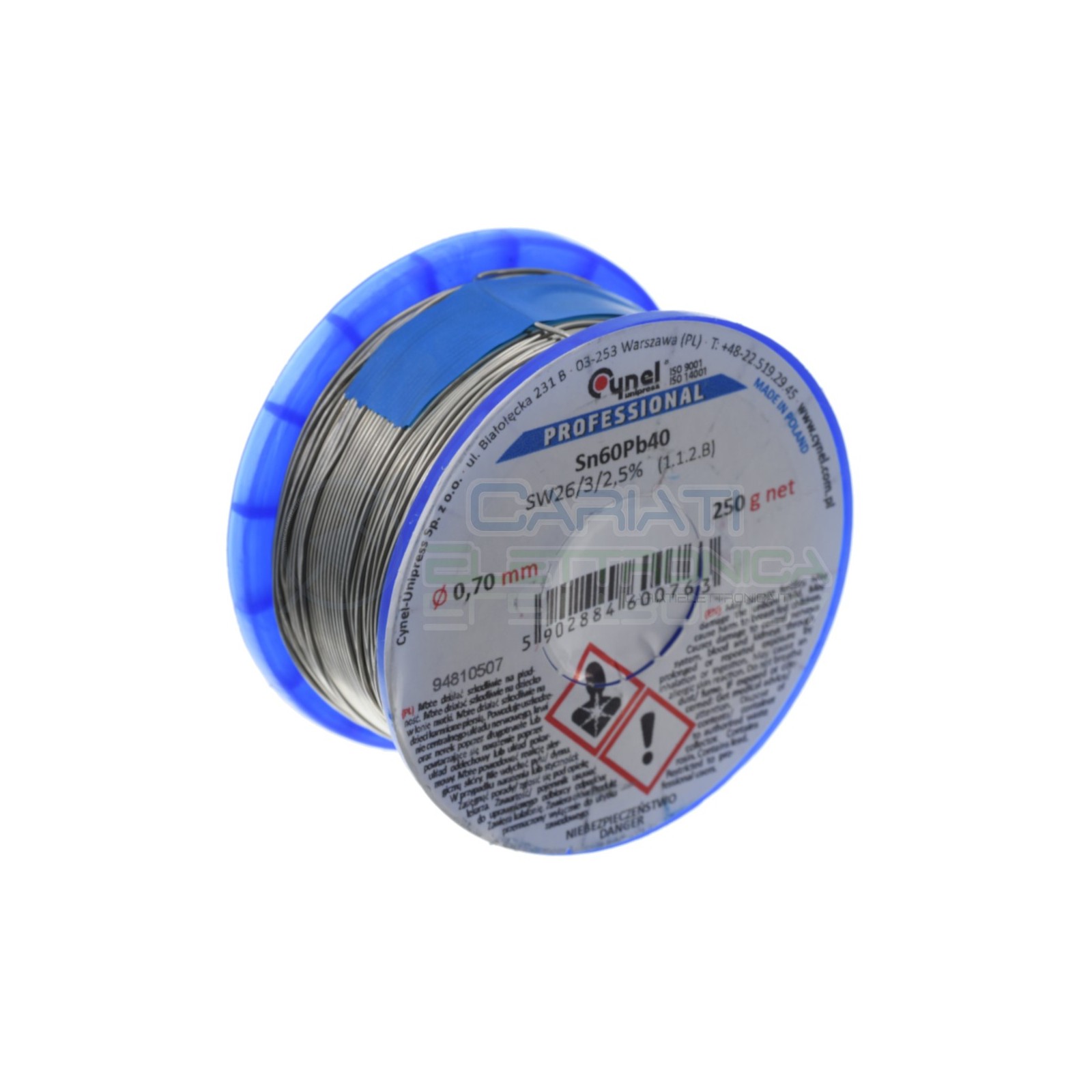 250g di Stagno 0,7 mm Diametro flux 2,5% Sn 60 Pb 40 Sn60Pb40 Cynel Bobina rotolo 0,25 kg Cynel