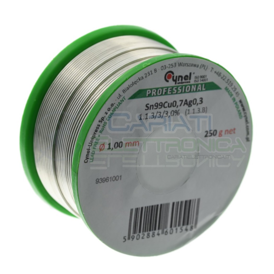 250g Bobia rotolo stagno 1mm Sn99 Cu0.7 Ag0.3 flux 3% lead free Cynel