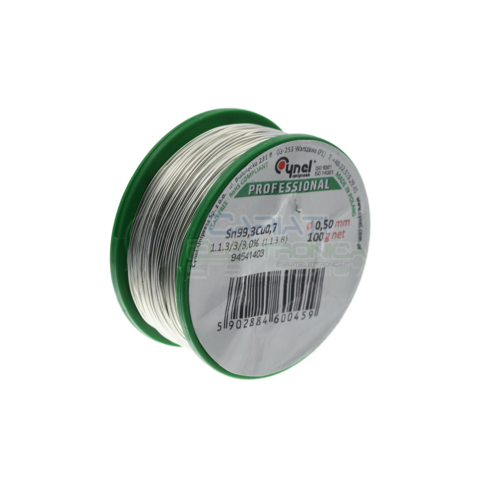 100g Bobina rotolo stagno 0,5mm Sn99.3 Cu0.7 flux 3% lead free Cynel