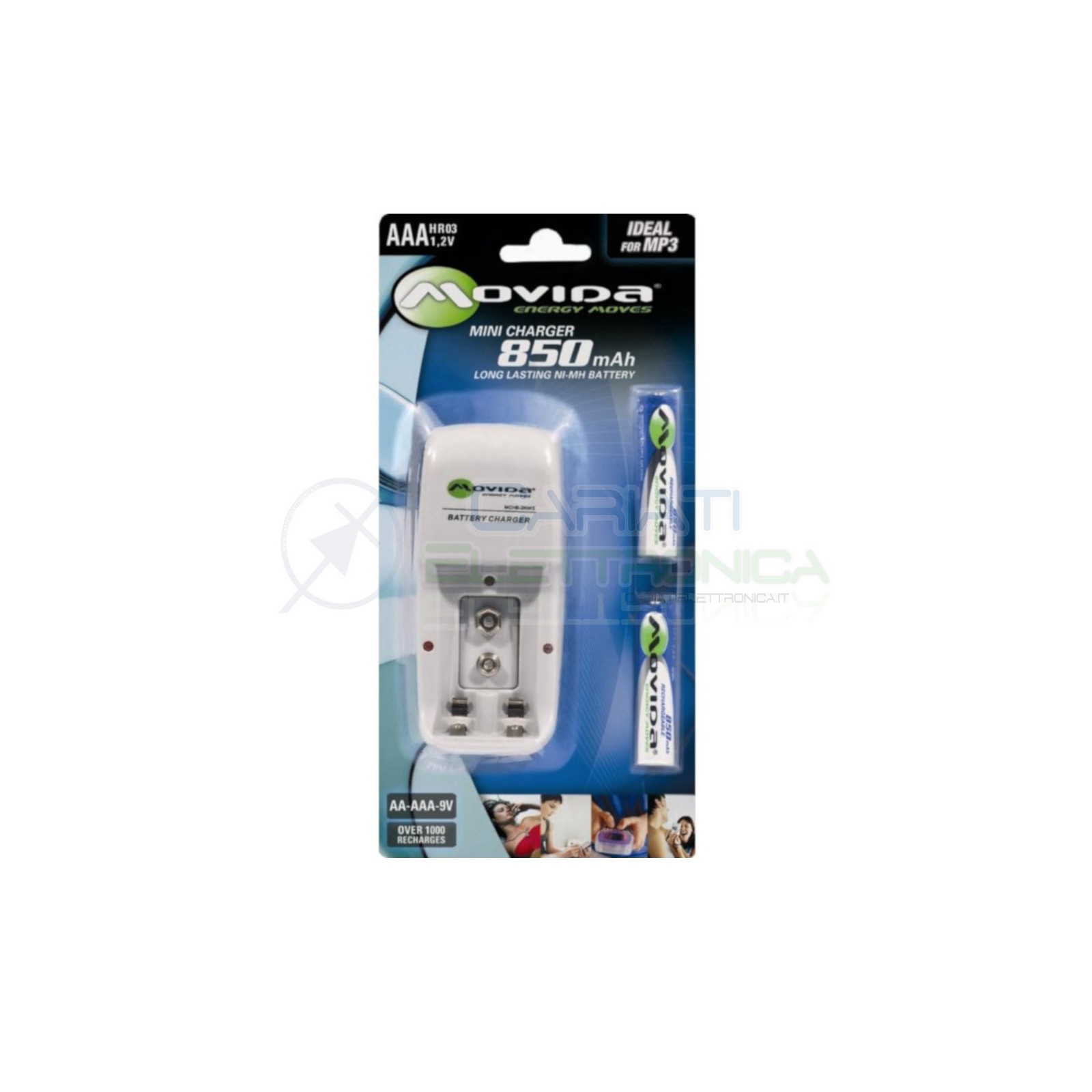 Caricabatterie per Pile AA AAA 9V al Ni-Mh + 2 Pile Ministilo AAA 850mAh Movida Energy Moves