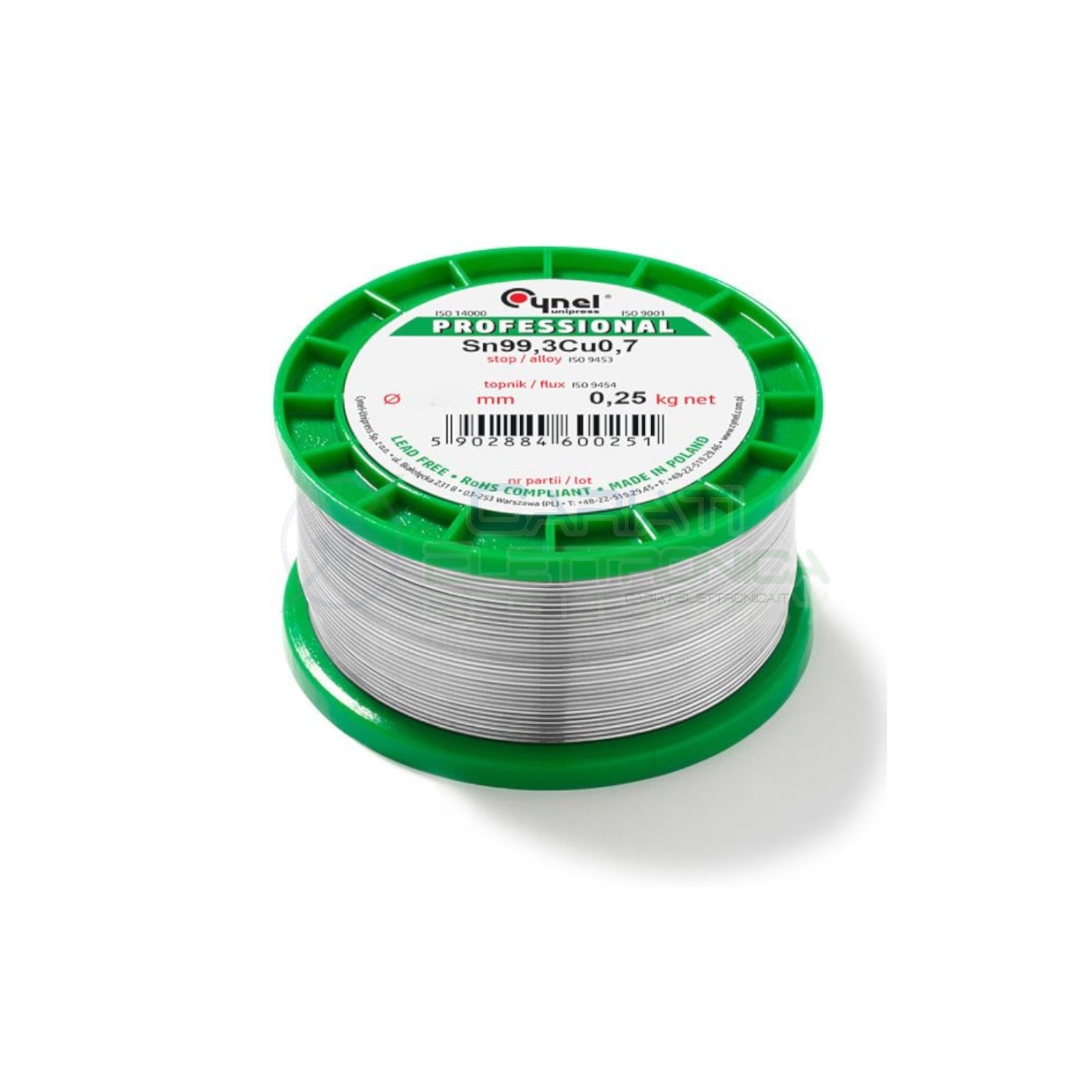 250g Bobina rotolo stagno 0,5mm Sn99,3 Cu0,7 flux 3% lead free Cynel