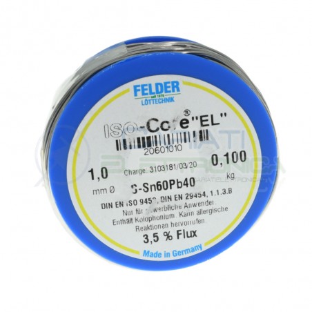 100g Bobina rotolo di stagno da 1mm 60/40 con Flussante 3.5% Sn60 PB40 NoClean Felder Saldatura Felder
