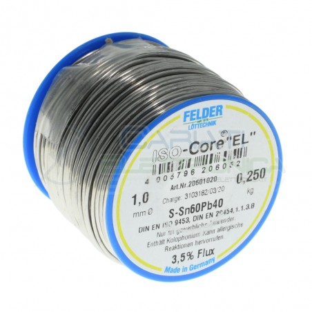 250g rotolo stagno FELDER da 1mm 60/40 con Flussante 3.5% Sn60 PB40 NoClean Felder Saldatura Bobina Felder