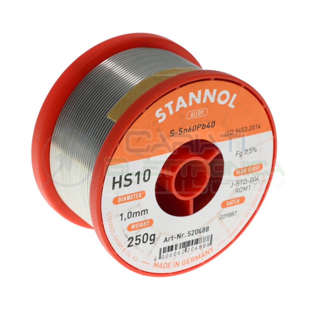 250g Bobina rotolo di stagno da 1mm 60/40 con Flussante 2.5% Sn60 PB40 Stannol Saldatura Stannol