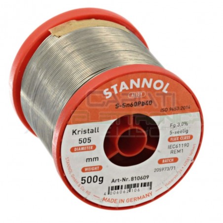500g Stagno STANNOL 0,7mm 60/40 flux 3% Sn 60 Pb 40 60-40 Bobina rotolo 0,5 kgStannol