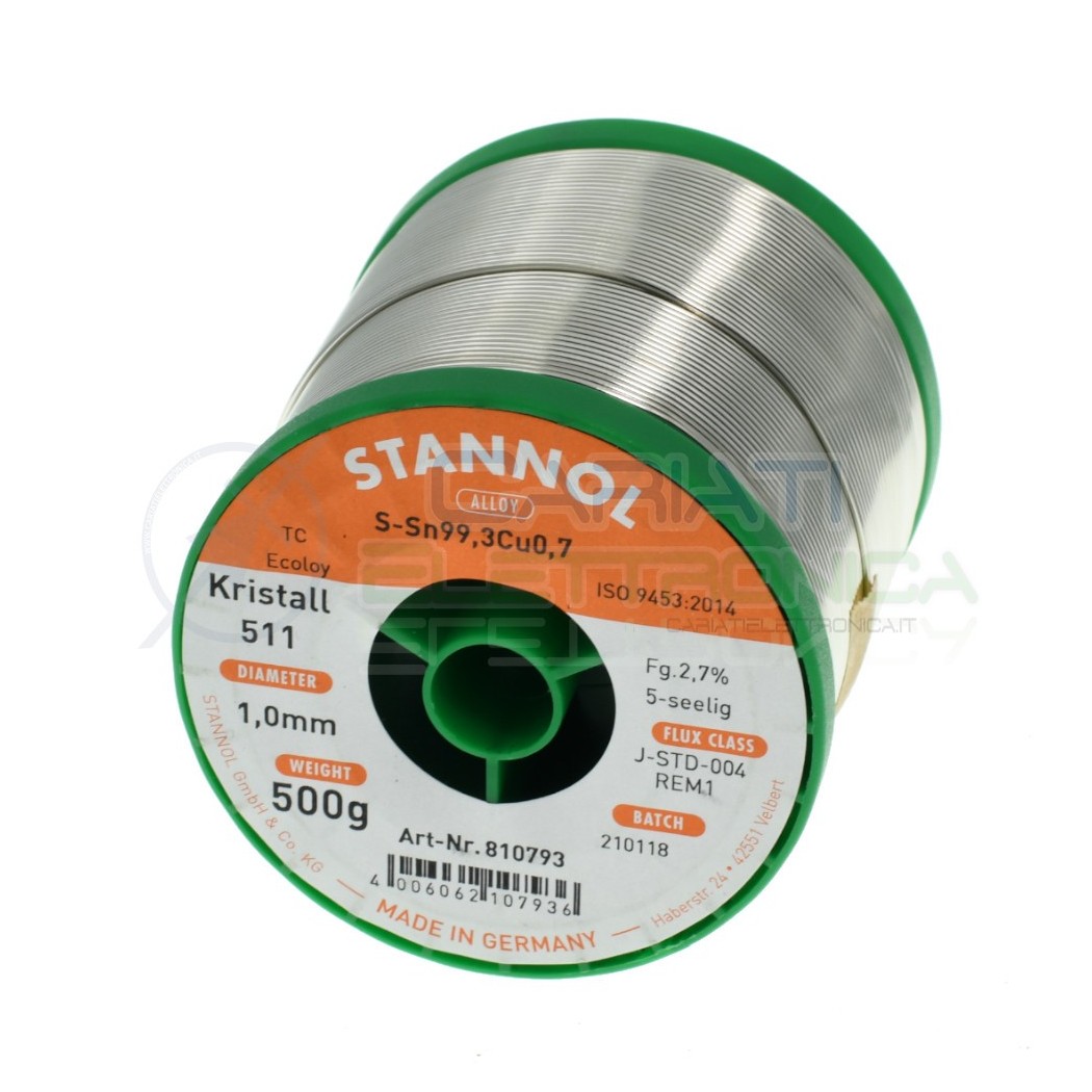500g Stagno STANNOL 1mm Sn99.3 Cu0.7 KR511 Bobina rotolo 0,5 kg Stannol