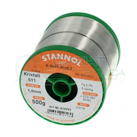 500g Stagno STANNOL 1mm Sn99.3 Cu0.7 KR511 Bobina rotolo 0,5 kg Stannol
