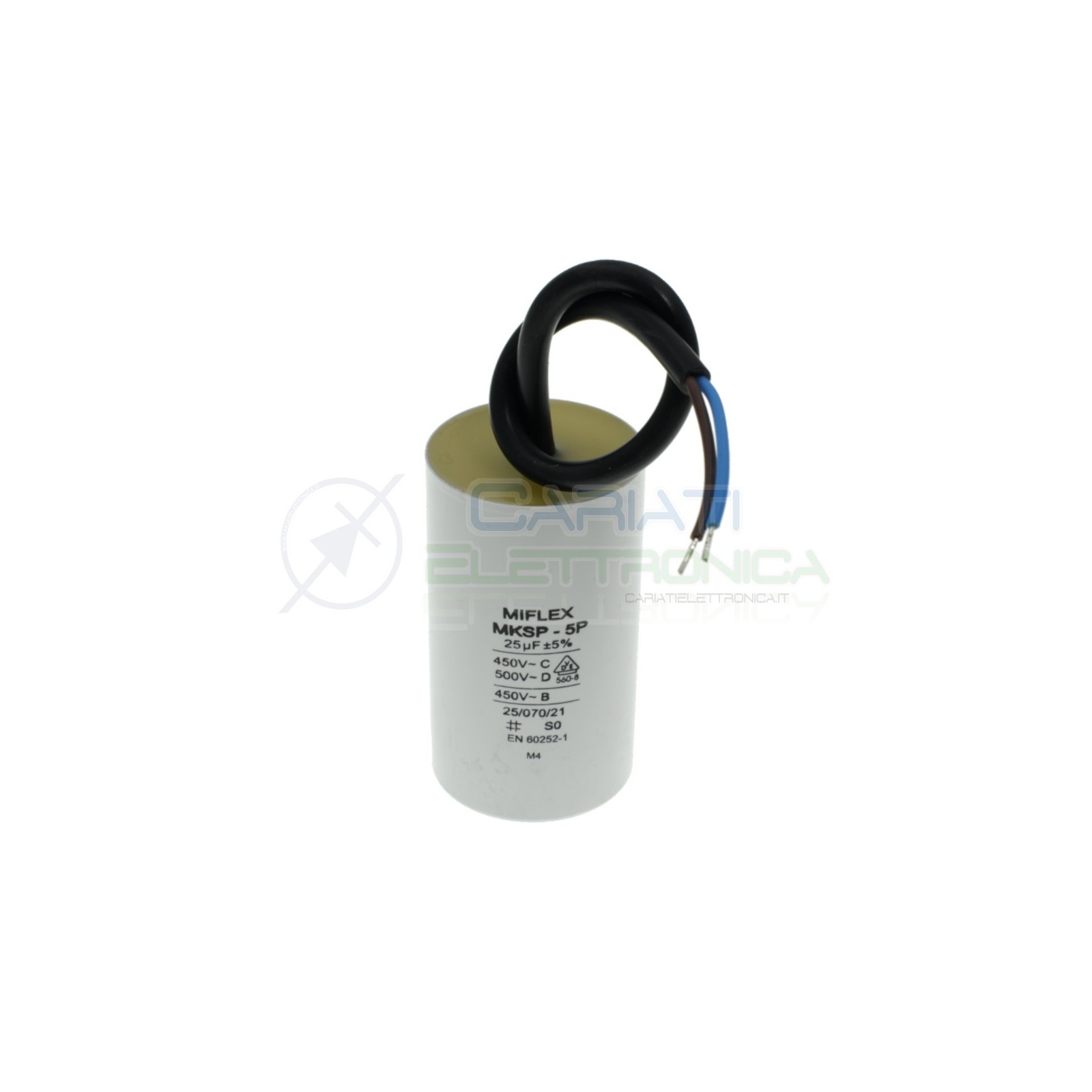 Condensatore per avvio motore 25uF 450Vac 45x78mm 10% terminale a filoMiflex