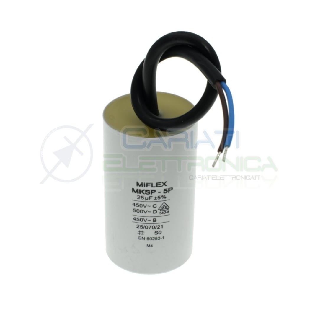 Condensatore per avvio motore 25uF 450Vac 45x78mm 10% terminale a filoMiflex