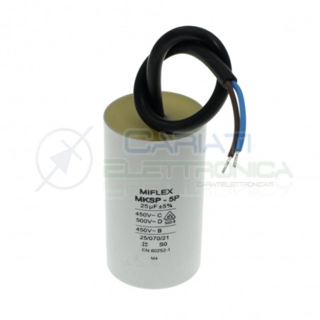 Condensatore per avvio motore 25uF 450Vac 45x78mm 10% terminale a filoMiflex