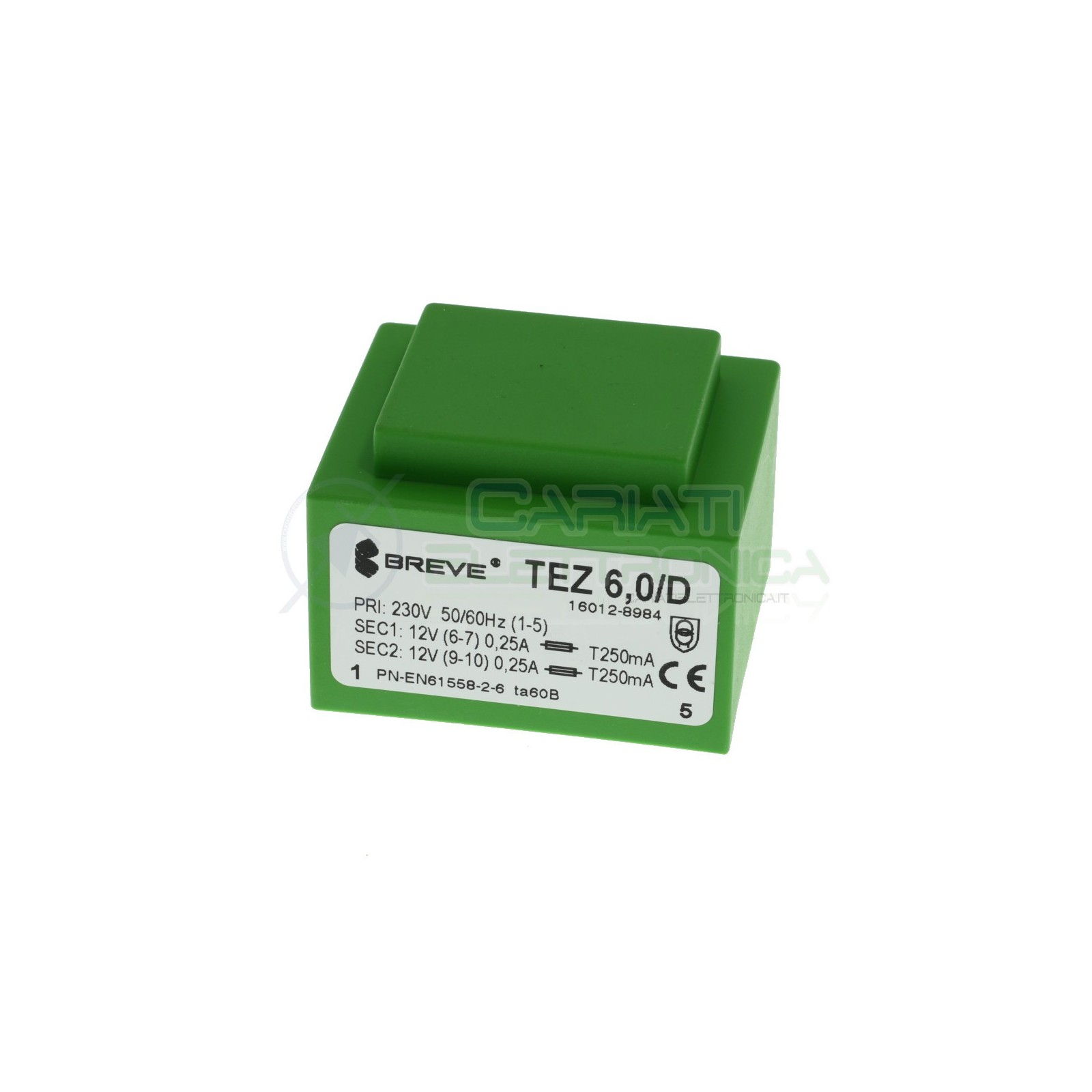 Trasformatore incapsulato doppia uscita 12V 6VA ingresso 230V 2x12V TEZ6,0/D BREVE TUFVASSONS
