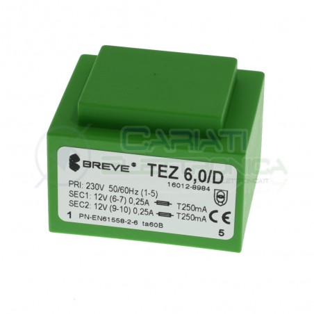 Trasformatore incapsulato doppia uscita 12V 6VA ingresso 230V 2x12V EI42/14,8BREVE TUFVASSONS