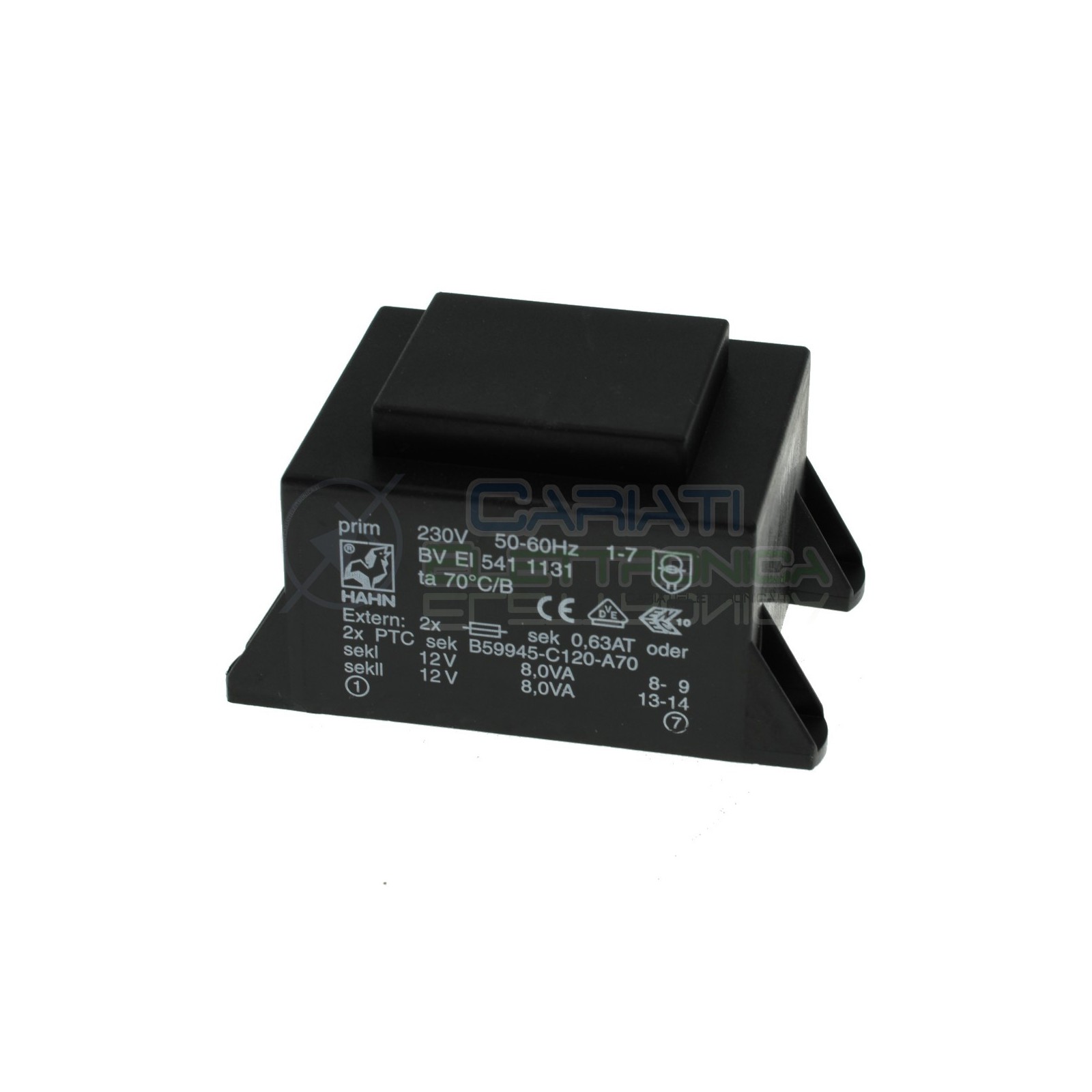 Trasformatore incapsulato doppia uscita 12V 16VA ingresso 230V 2x12V BVEI5411131 Hahn